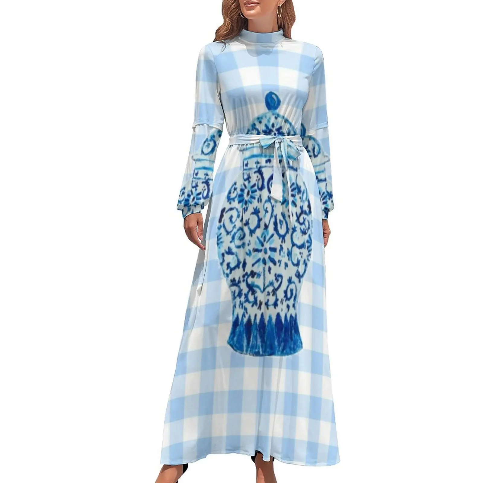 thumbnail image 1 of Vestido largo de cuadros vichy en tarro de jengibre azul y blanco, vestido sexy para mujer, vestidos de mujer, tendencia de ropa de mujer 2024, 1 of 5