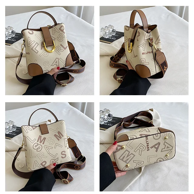 2023 Fashion Letter Pu Leather Women Handbags Wide Strap Female