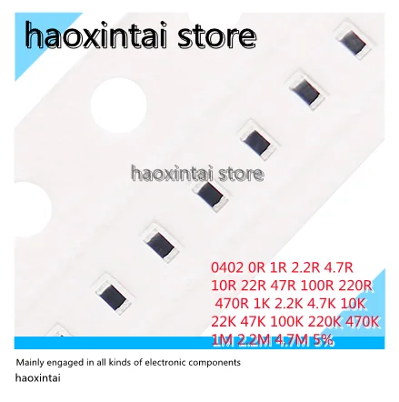

100 шт., резистор 0402 SMD 5% 0R 1R 2.2R 4.7R 10R 22R 47R 100R 220R 470R 1K 2,2 K 4,7 K 10K 22K 47K 100K 220K 470K 1M 2,2 K 4,7 M