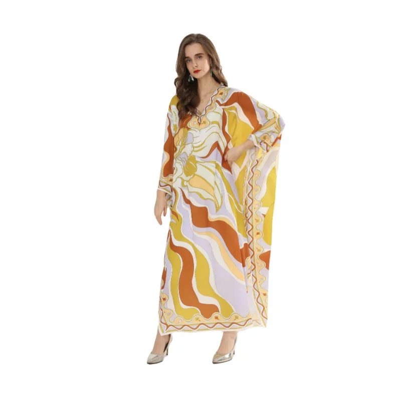 

Spring And Summer 2022 Temperament Commuter Middle East V-neck Large Knitted Silk Women's Printed Gown Dress