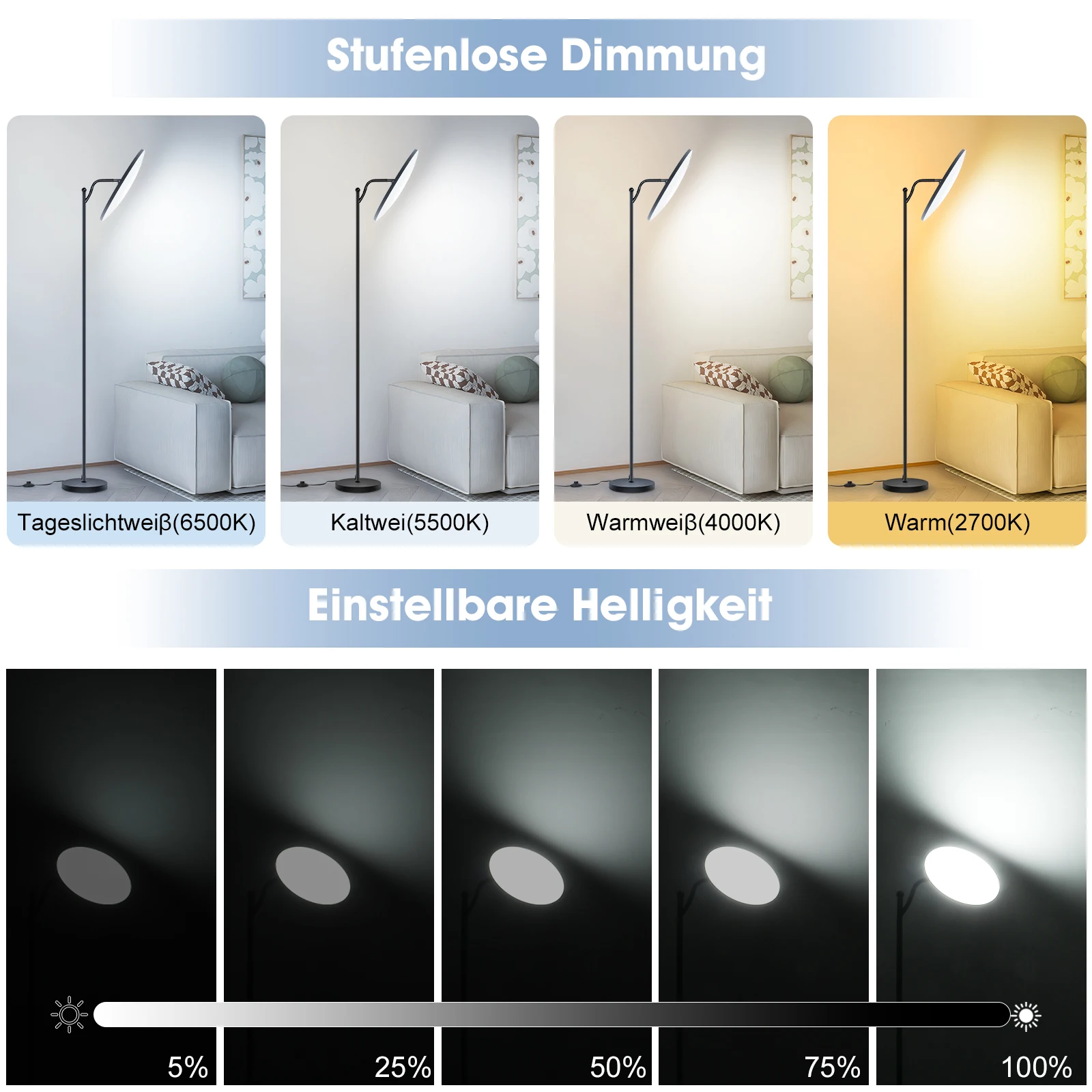 LED-Stehlampe, 32 W, dimmbar, Uplighter mit Fernbedienung, 2700–6500 K, 3520 lm, moderne Lesestehlampe für Wohnzimmer, Schlafzimmer, Büro – Detail 1