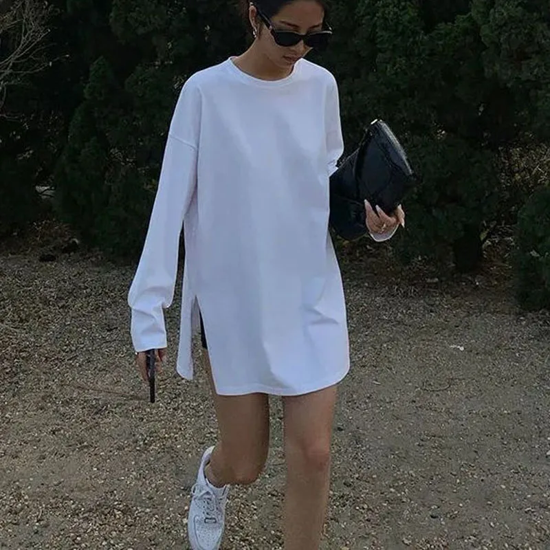 

Pure Cotton On Both Sides Forking Long Sleeved T-shirt Female Spring New Solid Color Loose All-match Undershirt Temperament Tops