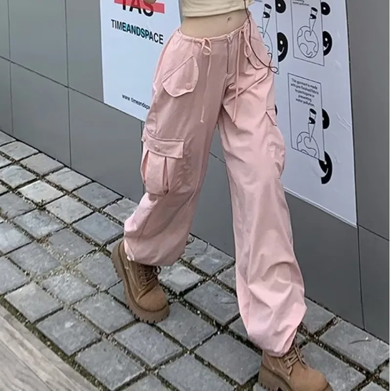 Harajuku 2023 Women Solid Pockets Pants Women Pink Cargo High Waist Wide Pants Straight Palazzo Pants Fashion All-Match Trousers