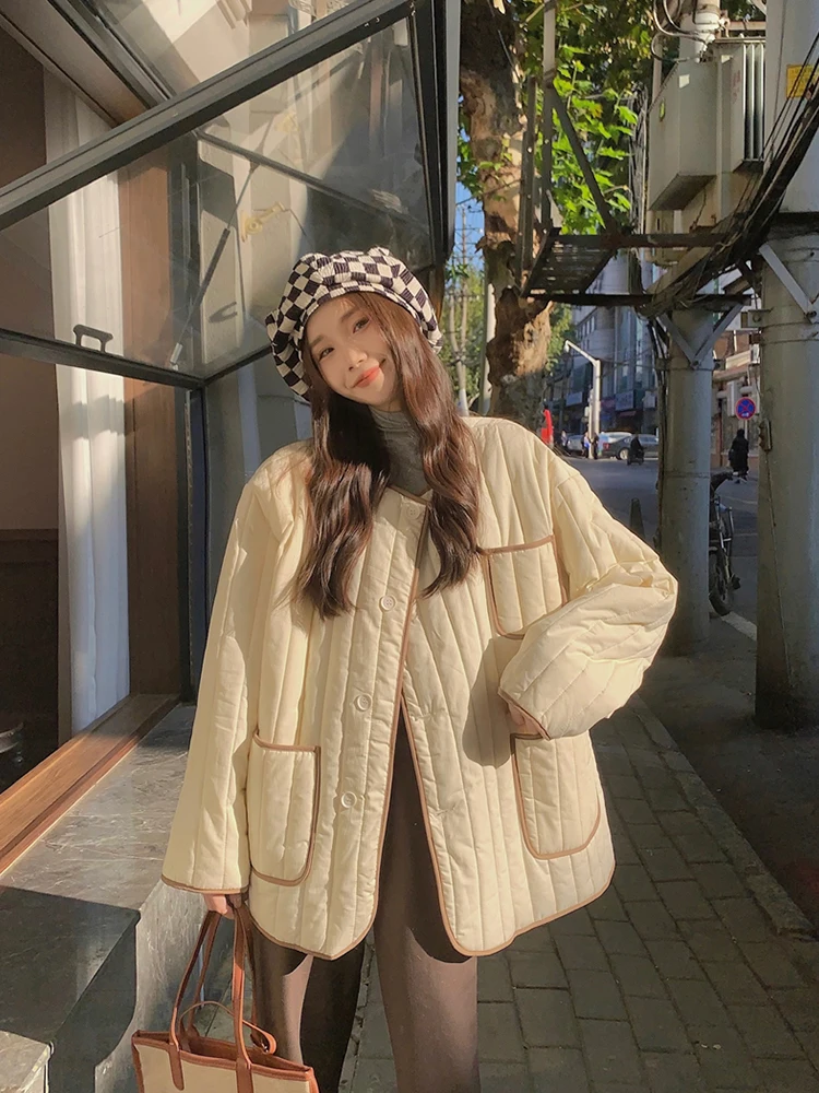 

2022 OL Work Wear Casual All Match High Streetwear New Korean Fashion Gentle Warm Slim Women Pockets Cotton Coats Loose Winter