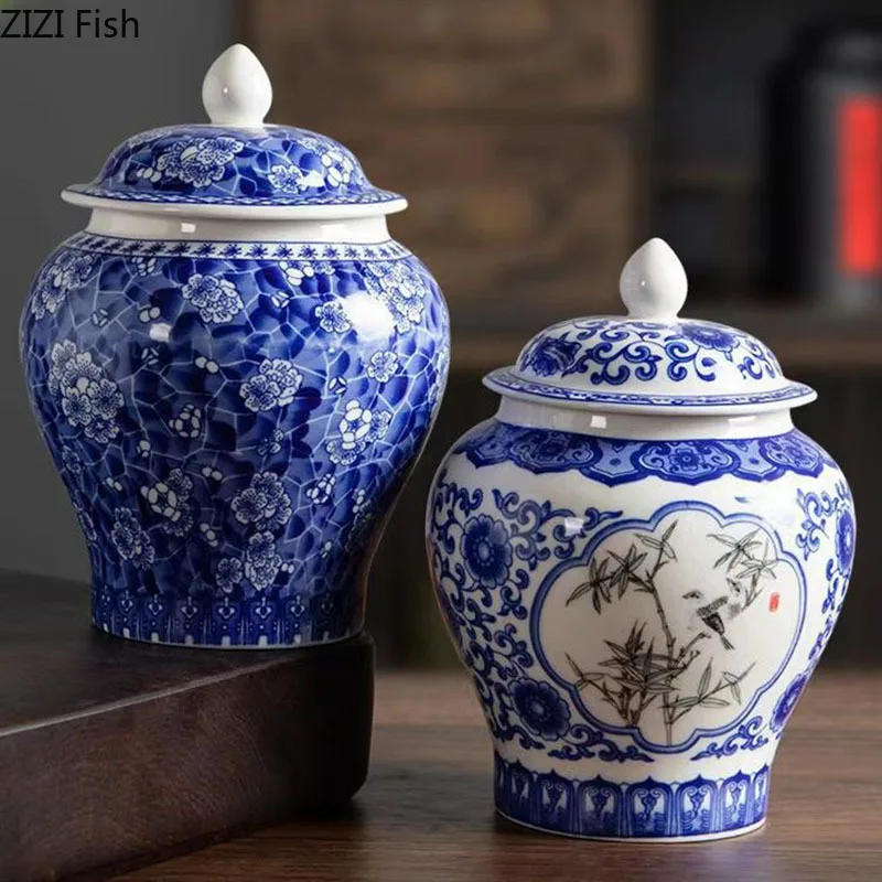 Blue and White Porcelain General Jar Tea Canister Sealed Ceramic Storage Jar with Lid Desk Decoration Candy Pots Tea Caddy tea canister