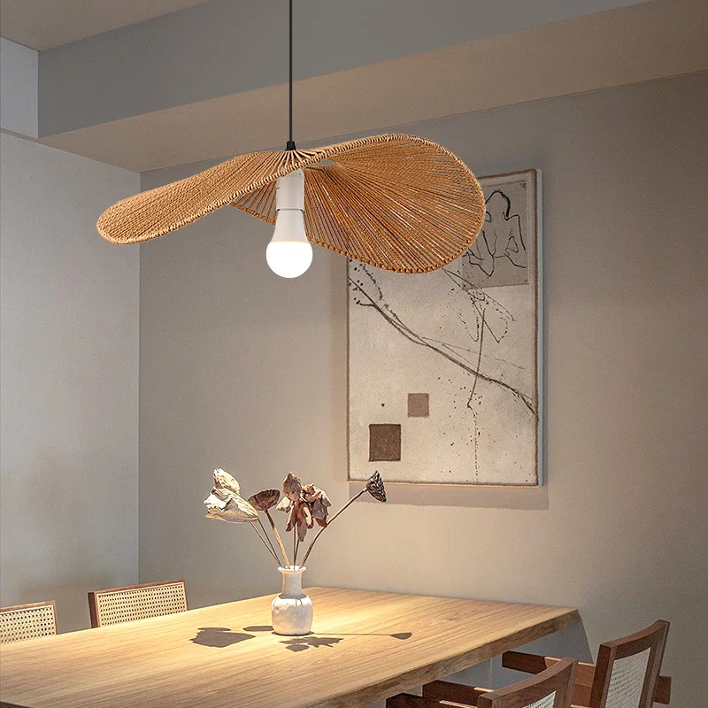Boho Rattan Pendant Light Fixture Vintage Farmhouse E27 Hand Woven Hemp Rope Hanging Chandelier Retro Wicker Basket Pendant Lamp