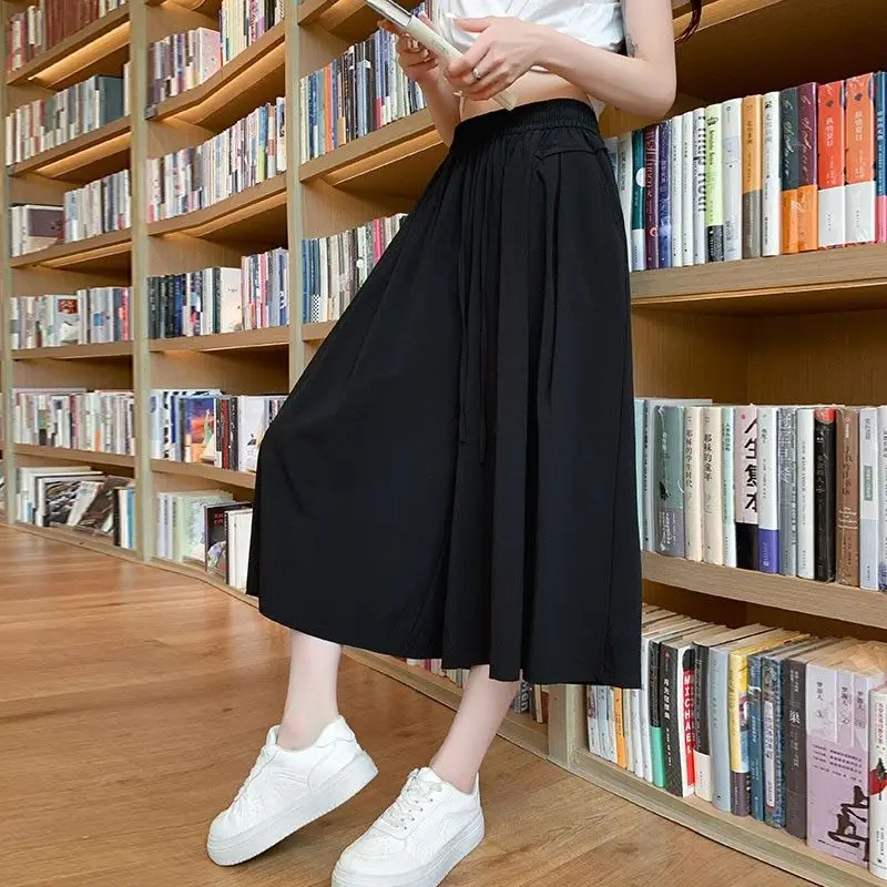 Fashion Elastic Lace Up Pockets Straight Wide Leg Pants Female Clothing 2024 Summer Loose Solid Color High Waist Casual Pants