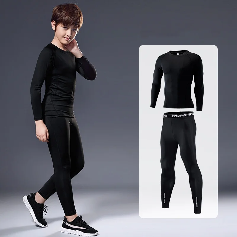 어린이 스포츠 타이츠 세트 긴 소매 상의 긴 바지 피트니스 웨어 트랙수트 농구 축구 베이스 레이어 의류