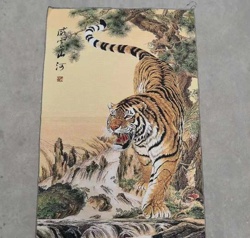 

Weizhen mountain and river tiger silk Thangka brocade painting gold silk cloth weaving embroidery silk embroidery antique crafts
