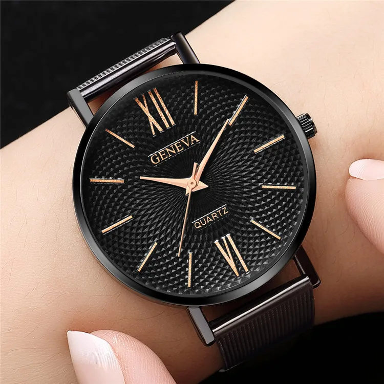 2021 New Geneva Watch Women Black Watches Stainless Steel Mesh