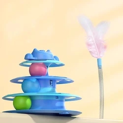 4-Layer Feather Cat Turntable with Toy Balls and Play Stick - Interactive Cat Toy (Blue)
