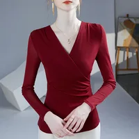 Autumn Winter 2024 New Cross V-Neck Long Sleeved Women's T-Shirt Solid Color Fold Elastic Mesh Tops Blusas 4