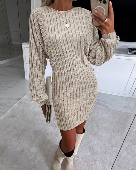

Women's Commuter Dress Simple Solid Color Round Neck Woolen Short Skirt 2024 Spring Latest Urban Style Long Sleeve Mini Dress