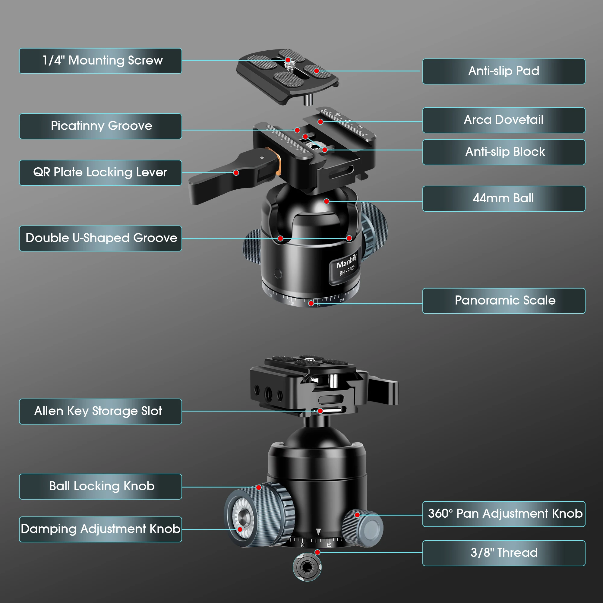 Manbily U-3 Tripod Head Saddle For Shooting Tripods, Aluminum Alloy Universal Rest Clamp Mount, 1/4" & 3/8" & Arca-Swiss Compatibility Base For Monopods, Black