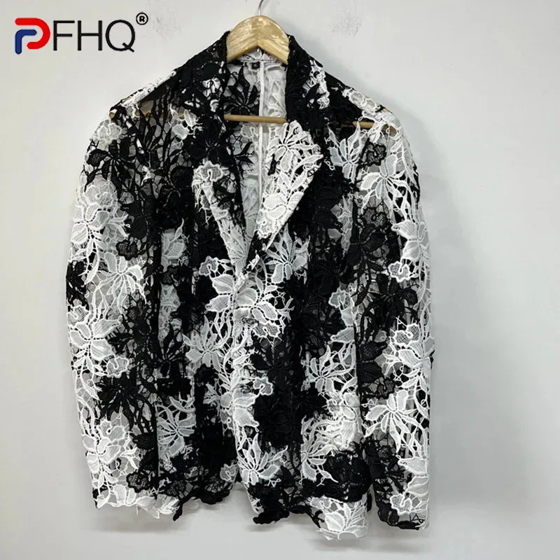 

PFHQ Contrast Color Male Blazers Tide Summer Cool Heavy Industry Embroidery Hollowed Out Men's Breathable Suit Jackets 21Z4568