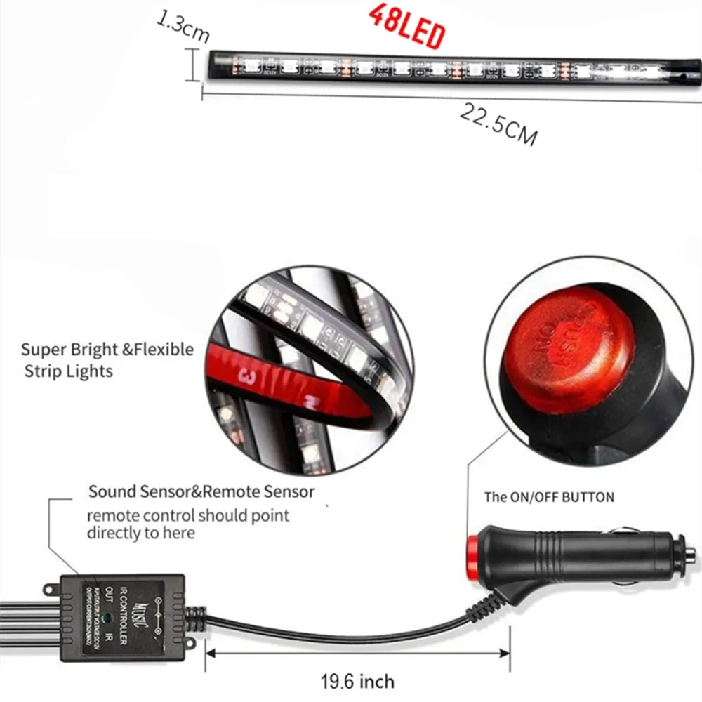 네온 LED 자동차 인테리어 앰비언트 풋 스트립 라이트 키트, 백라이트 원격 RGB 장식 램프, 액세서리