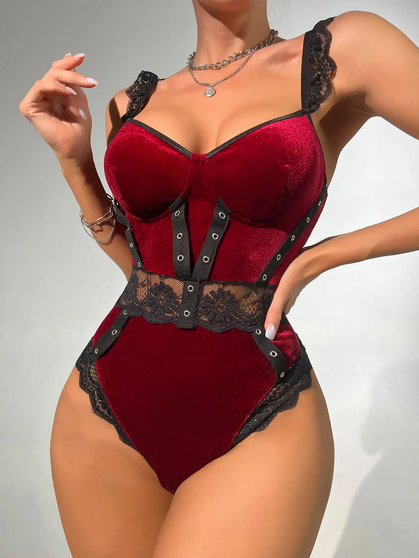 

Women's Sexy Bodysuit Red Velvet Lace Patchwork Bodycon Underwear Soft Warm Open Crotch Jumpsuit Lingerie