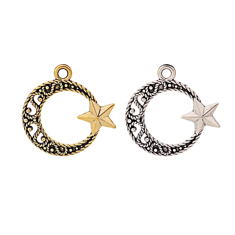 

60 x Tibetan Silver/Gold Color Crescent Moon and Star Charms Pendants for Necklace Earring Jewelry Making Accessories 21x20mm
