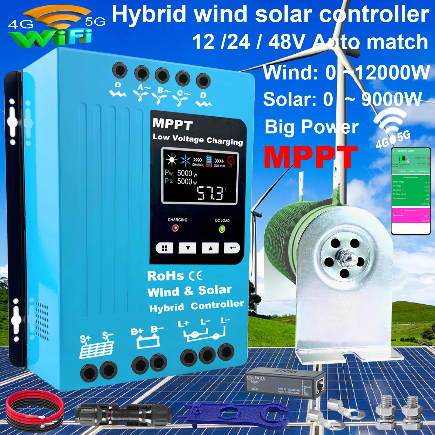 12V 24V 48V WIFI MPPT Charge Controller 100A 5000W 6000W 8000W Solar Panel Wind Generator Regulator for Household System Lifepo4