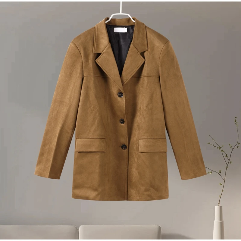 Women Suede Jackets Loose Lapel Single Breasted Long Sleeves Pockets Blazer Coats Female Autumn Fashion New in Outwear