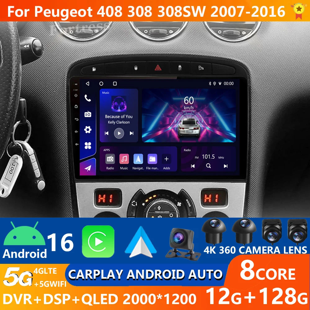 Android 16 For Peugeot 308 308SW 2K QLED Stereo Car Radio Multimedia Video Player GPS AI Voice CarPlay 4G DSP