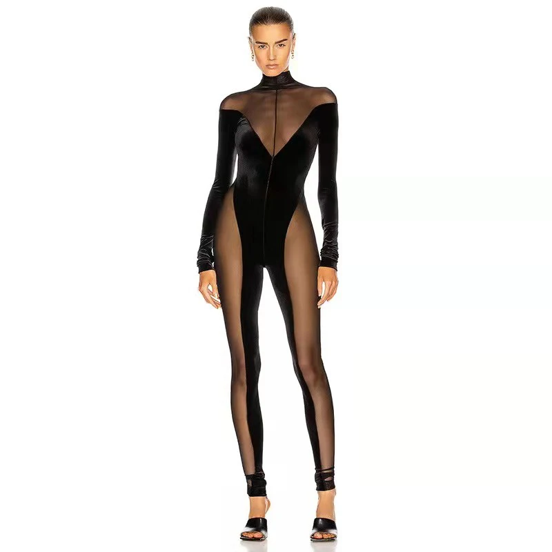 Sexy velvet mesh see-through turtleneck jumpsuit temperament tight party club pencil pants jumpsuit women