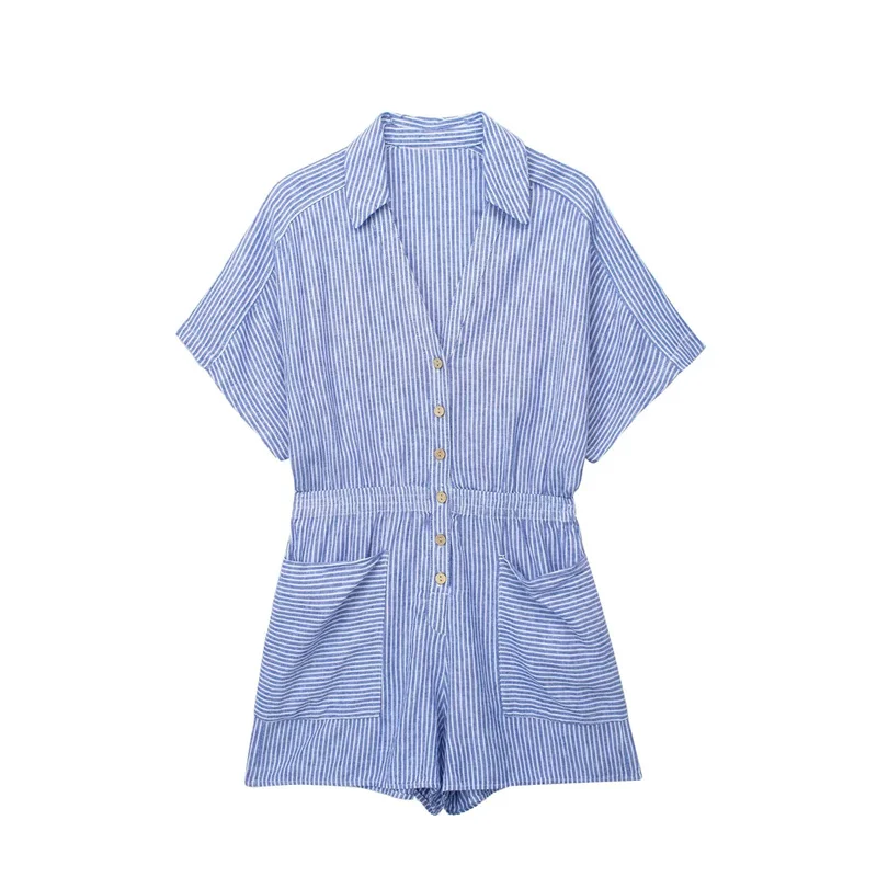 

Woman Casual Blue V Neck Linen Jumpsuits 2023 Summer Female Soft Striped Short Sleeve Jumpsuits Ladies Loose Pocket Jumpsuit