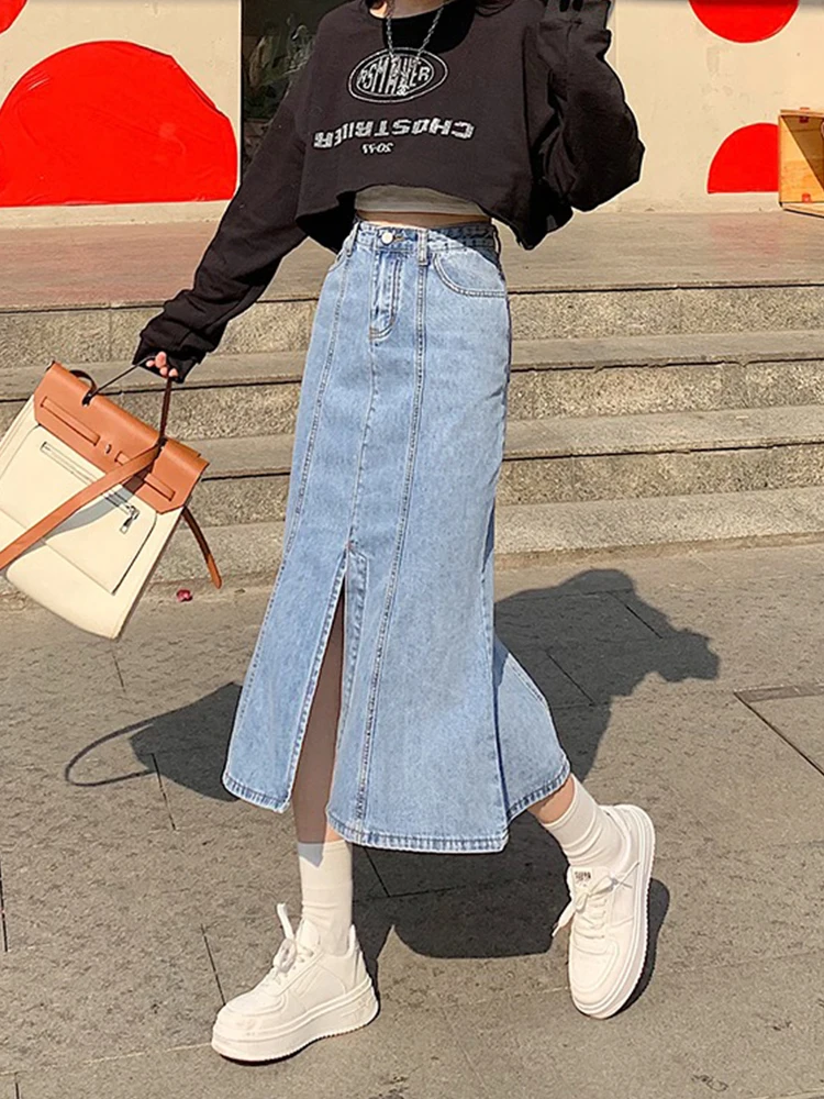 Yitimoky High Waist Pleated Ruffled Blue Denim Skirts Women 2022 Autumn blue grey Mermaid jeans feminino Bright Line Decoration leather skirt