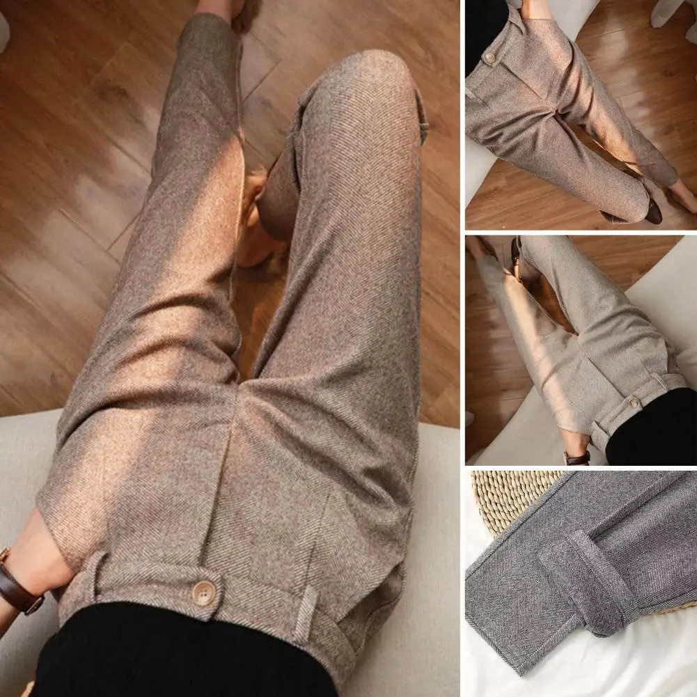 

Women Pants Long Trousers Herringbone Print Women's Suit Pants High Waist Slim Fit Thick Warm with Pockets for Formal Commute