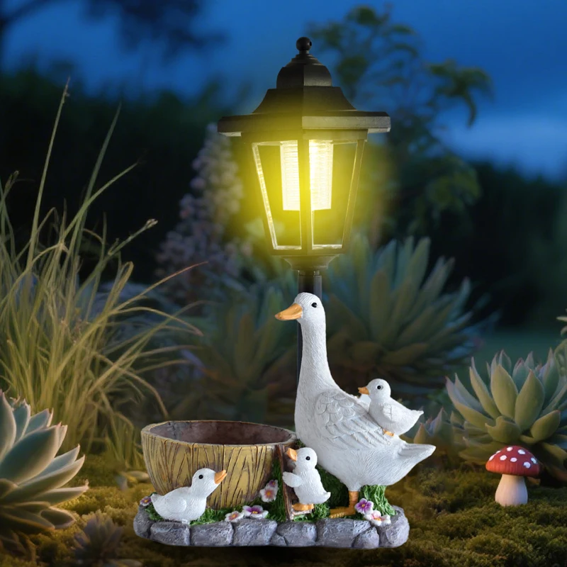 Solar Powered Outdoor Courtyard Lights, Garden Landscape Lawn Lamp, Creative Resin White Duck Statues Flowerpot Decorations, 1Pc