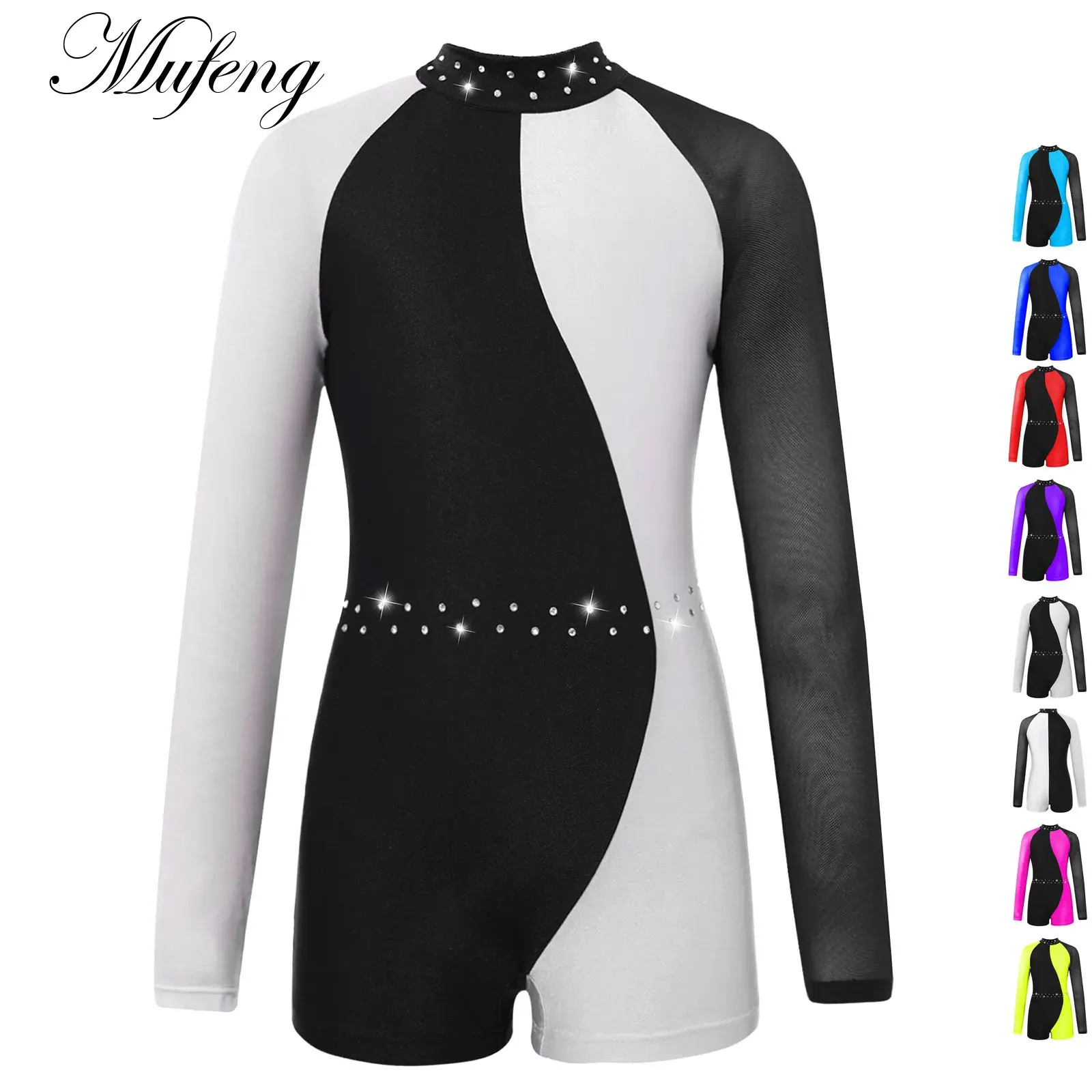 

Kids Girls Gymnastics Leotards Ballet Moden Jazz Dance Shorty Unitard Dancewear Mesh Long Sleeve Ballerina Jumpsuit Bodysuit