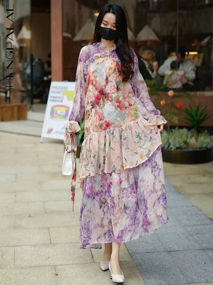 

Женское шифоновое платье с цветочным принтом SHENGPALAE, шифоновое лоскутное платье с оборками и длинным рукавом, шикарное весеннее платье, новинка 2024, R9497