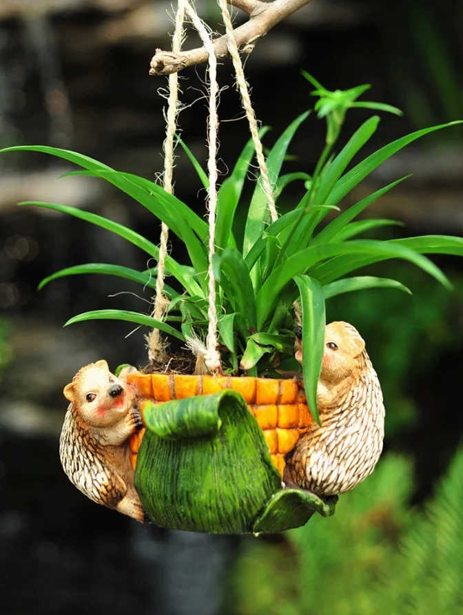 

Hanging Turtle Hedgehog Squirrel Flower Pot Resin Ornaments Garden Courtyard Rope Hanging Basket Balcony Multi Meat Decoration