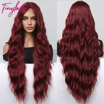 Parrucca lunga in pizzo sintetico Borgogna rosso scuro ricci ondulati trasparenti parrucche anteriori in pizzo per donne capelli naturali cosplay resistenti al calore