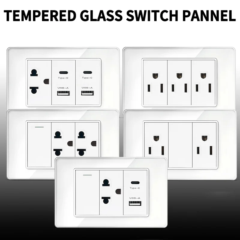 ​ ​ ซ็อกเก็ตอัจฉริยะ 118 ขนาด: 2xUSB-C PD และพอร์ต AC คู่สําหรับอุปกรณ์ไทย/สหรัฐอเมริกา พื้นผิวแก้วคริสตัล 110V ​ ​ 1