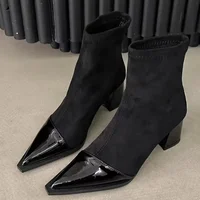 Women's New Autumn Chunky Single Boots Pointed Suede Splicing Anti-slip Wear-resistant Ankle Boots - Image 6