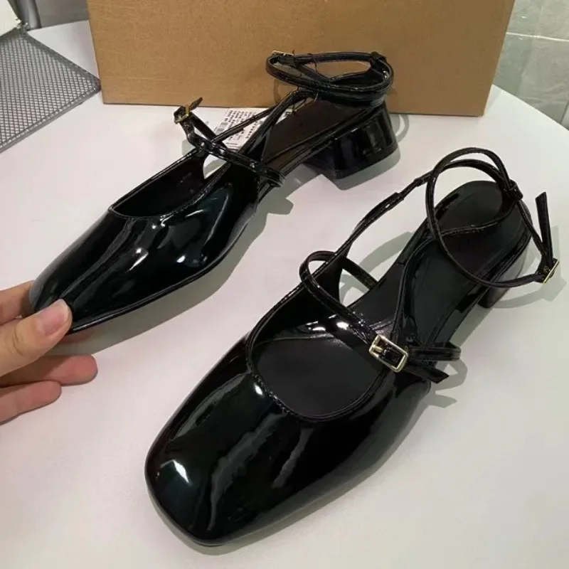 Women's Office Shoes Black Leather Square Toe Outdoor Casual Slingbacks Ankle Strap Summer Heeled Sandals