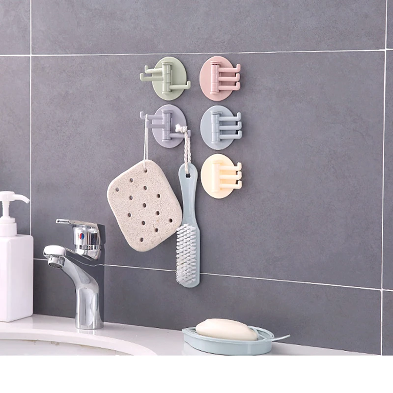 Multifunctional Bathroom Hook Rotatable Seamless Adhesive Hanger Powerful 3 Branch Wall Stick Hooks Kitchen Storage