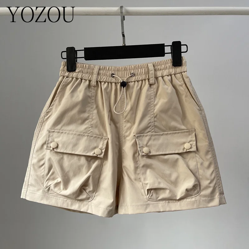 

[YOZOU] Summer Black White Gorpcore Cargo Shorts Women Elastic Waist Wide Leg Baggy Short Pants Girls Rave Outfits Streetwear