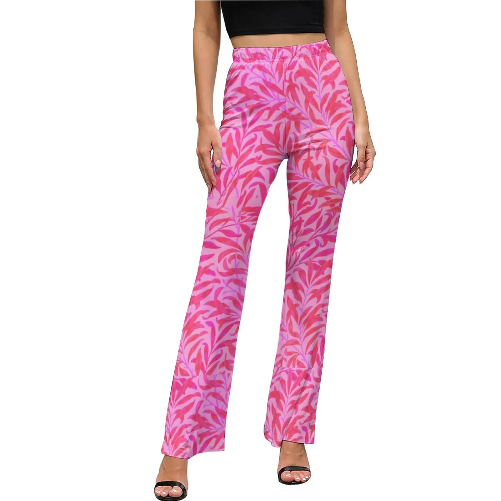 

Pink Leaf Casual Pants Summer Leaves Print Sexy Graphic Flared Trousers High Waisted Slim Stretch Streetwear Pants