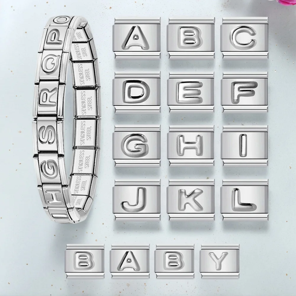 Silber Farbe 26 Englisch A-Z Konvexe Buchstaben Italienische Charms Armband Fit 9mm Edelstahl Frauen Männer Schmuck DIY Machen perlen