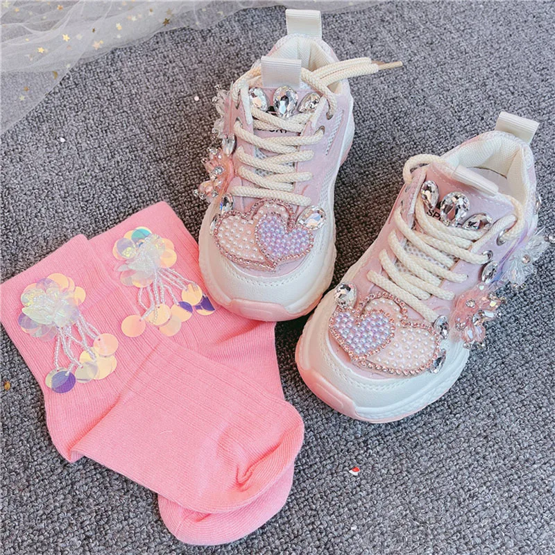 Kids Girls Sneakers Spring Casual Running Sports Trainers Breathable Flats Pearl Diamond