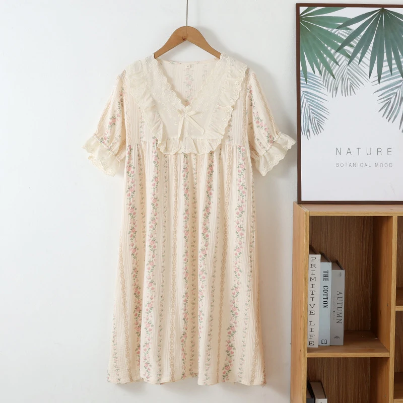 Summer Short Sleeved Nightgown For Women Korean New Casual Loose Ladies Home Nightdress Female Printed V-Neck Bow Thin Pajama