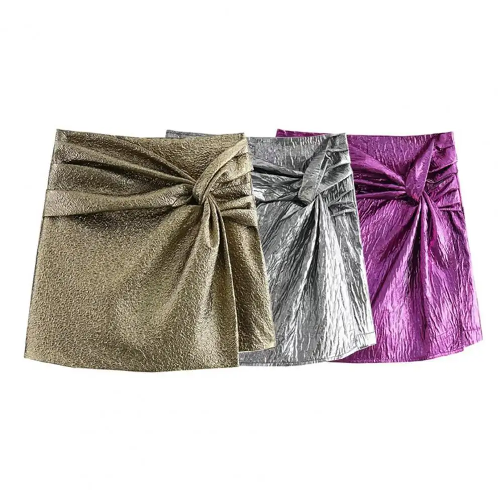 

Elastic Waist Skort Elegant High Waist Pleated Shorts Skirt for Women Autumn Winter Mini Skort with Knot Detail Solid Color