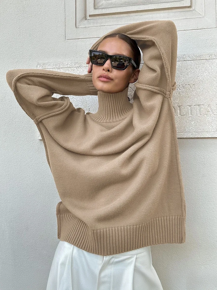 Winter Knit Turtleneck Pullover Female Clothes Loose Casual Ribbed Patchwork Long Sleeve Oversized Sweater Women Knitwear