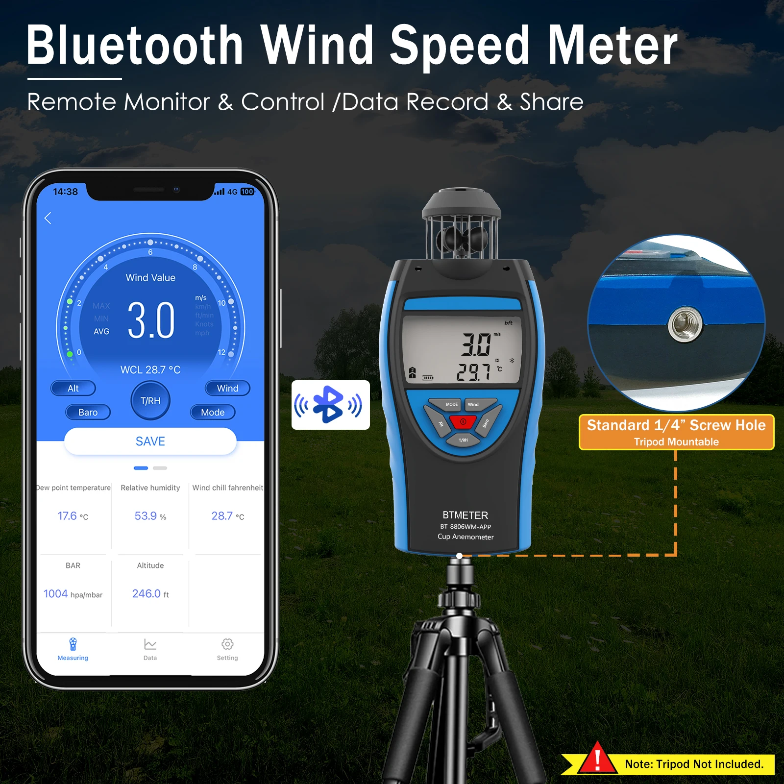 BTMETER 디지털 컵형 풍속계 (앱 포함), 풍속 데이터 로거, 기압계, 온도, 습도, 고도 측정 기능이 있는 공기 흐름계