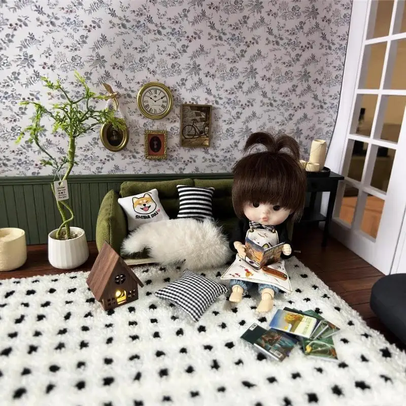 1/12 Dollhouse Imitation Sheepskin Plush Rug Model Dollhouse Bedroom Living Room Floor Mat Decoration Doll House Accessories