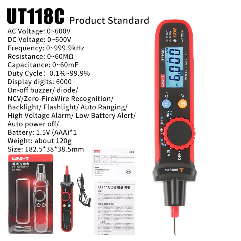 UNI-T UT118C Digital Multimeter Pen Type 6000 Counts with Non Contact AC/DC Voltage Resistance Diode Continuity Tester Tool