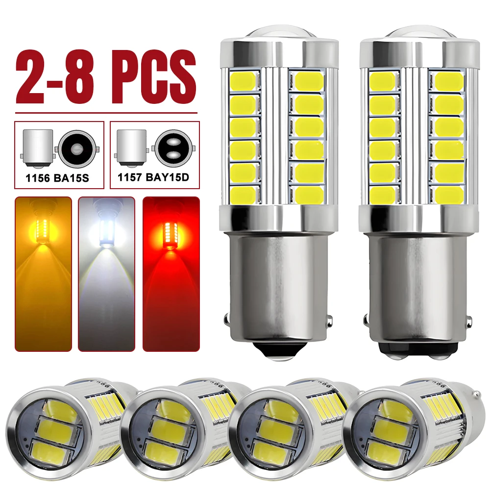LED Bulbs 2/4/8 PCS P21W Ba15s 1156 Bay15d 1157 12V 33SMD 7000K White
