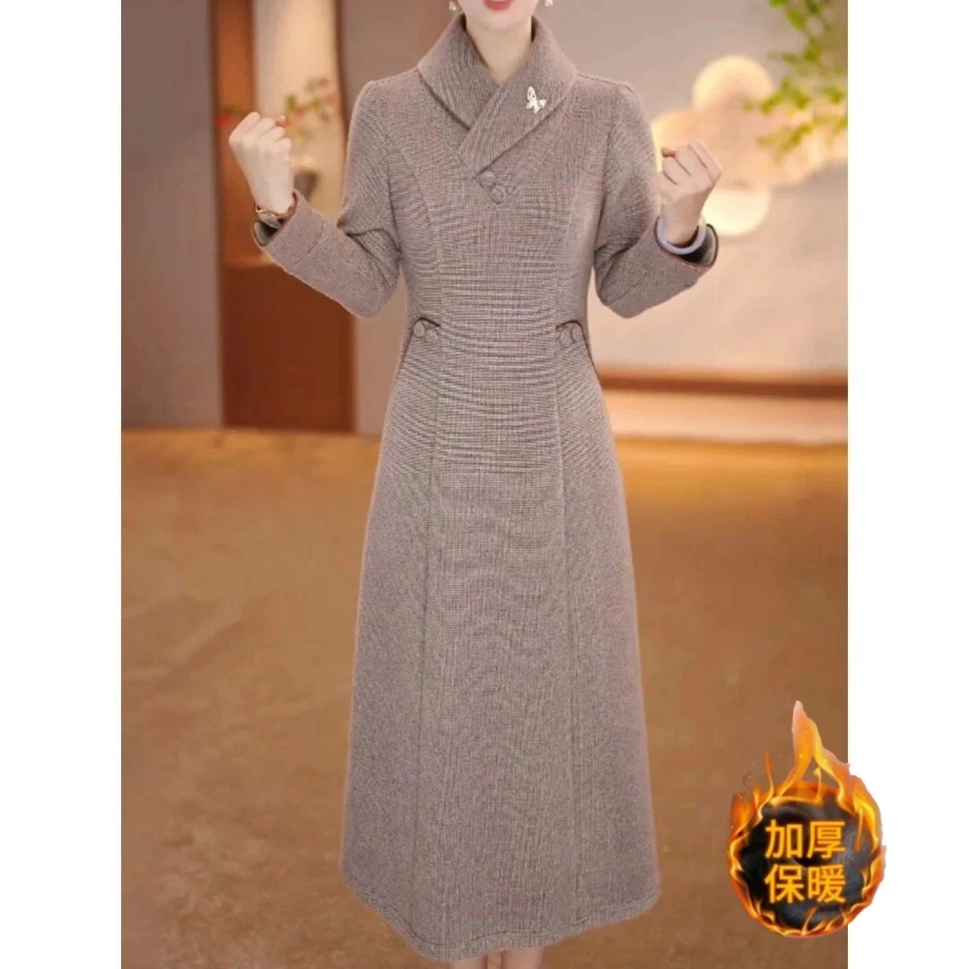 chinese dress ladies Grey Wool Midi Dress  Long Sleeve Elegant Winter Dress with Pockets 3849 Grey / Xs